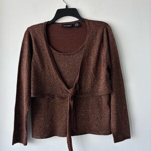 Y2K Bay Studio Top Brown Gold Shimmer Tie 2fer Layered Womens LP Glam Going Out
